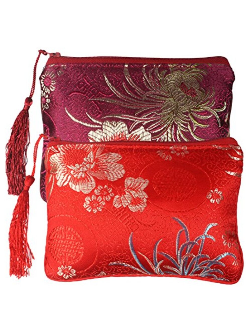 Chinese Silk Brocade Zippered Jewelry Pouch Set of 2 Tassel Gift Bags